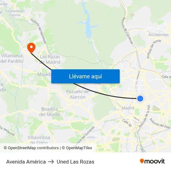 Avenida América to Uned Las Rozas map