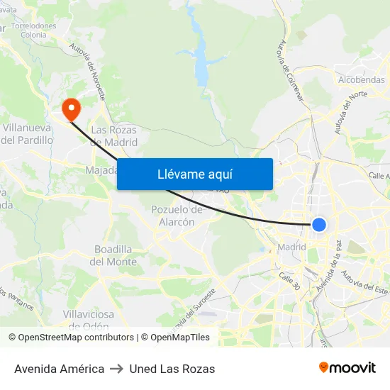 Avenida América to Uned Las Rozas map