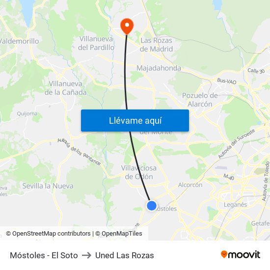 Móstoles - El Soto to Uned Las Rozas map