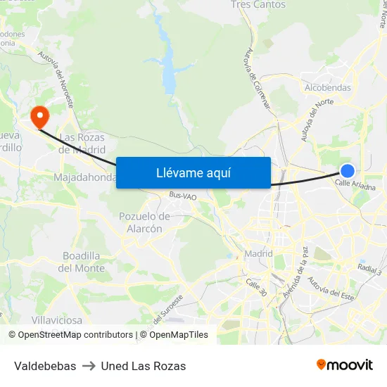 Valdebebas to Uned Las Rozas map