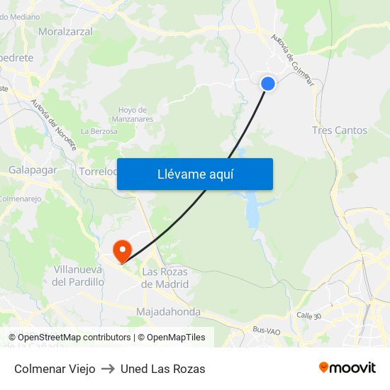 Colmenar Viejo to Uned Las Rozas map