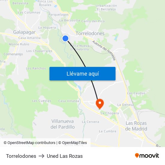 Torrelodones to Uned Las Rozas map