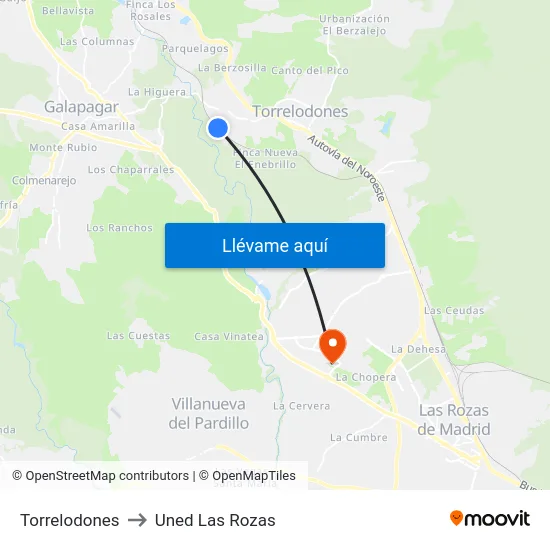 Torrelodones to Uned Las Rozas map