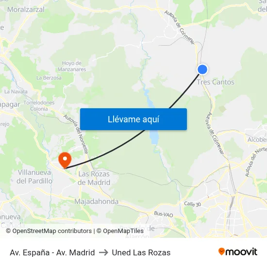 Av. España - Av. Madrid to Uned Las Rozas map