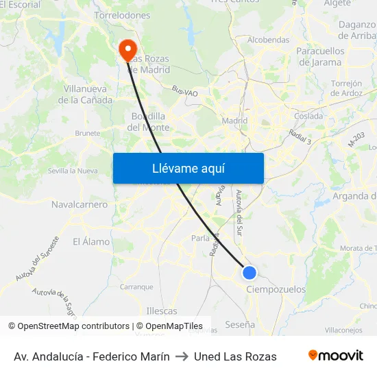 Av. Andalucía - Federico Marín to Uned Las Rozas map