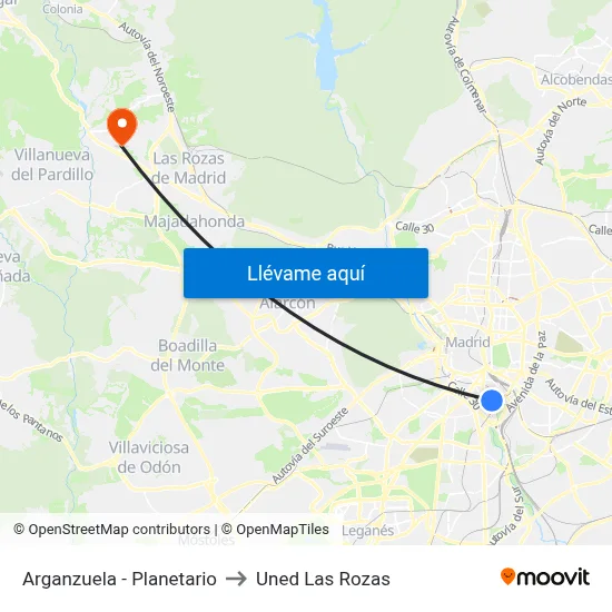 Arganzuela - Planetario to Uned Las Rozas map