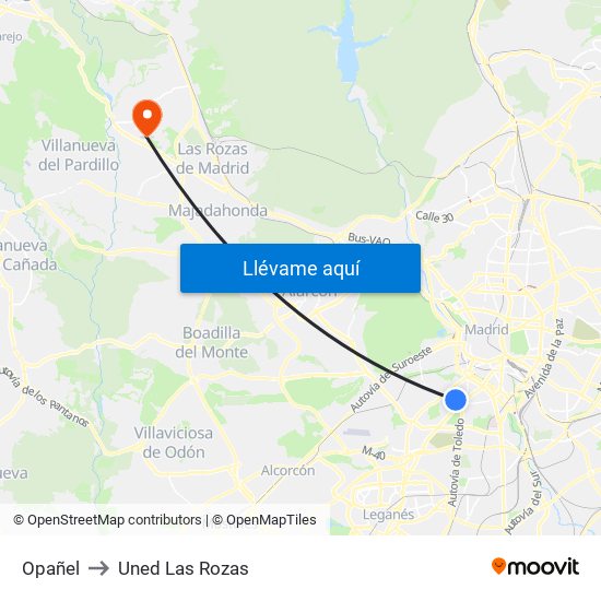 Opañel to Uned Las Rozas map