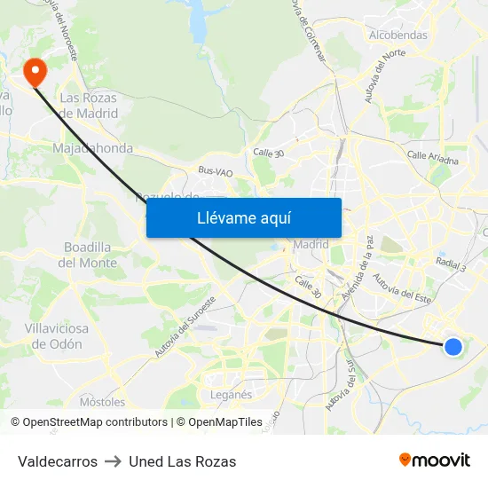 Valdecarros to Uned Las Rozas map