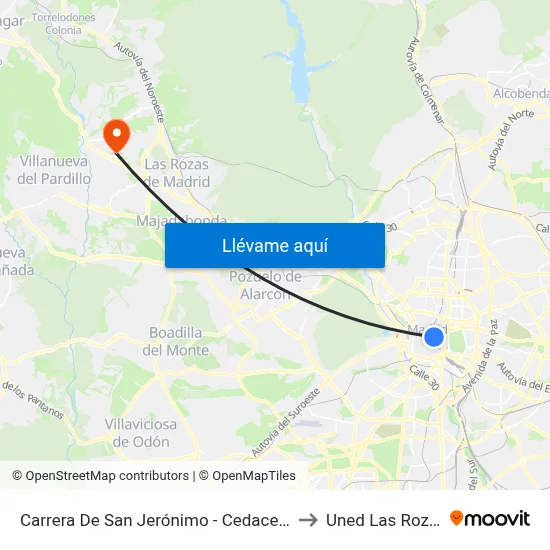 Carrera De San Jerónimo - Cedaceros to Uned Las Rozas map