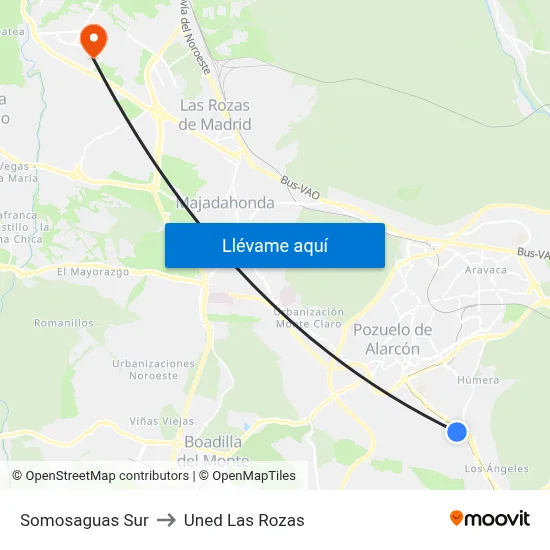 Somosaguas Sur to Uned Las Rozas map