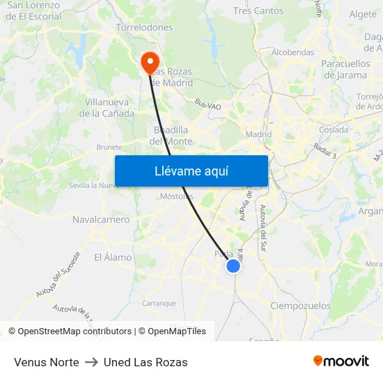 Venus Norte to Uned Las Rozas map