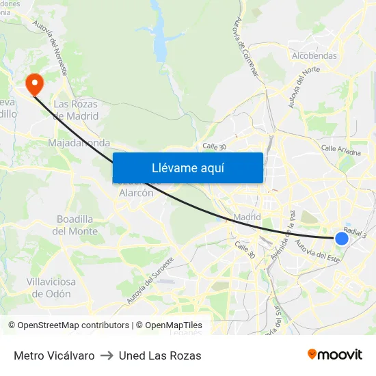 Metro Vicálvaro to Uned Las Rozas map