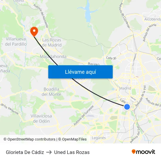 Glorieta De Cádiz to Uned Las Rozas map