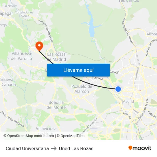 Ciudad Universitaria to Uned Las Rozas map