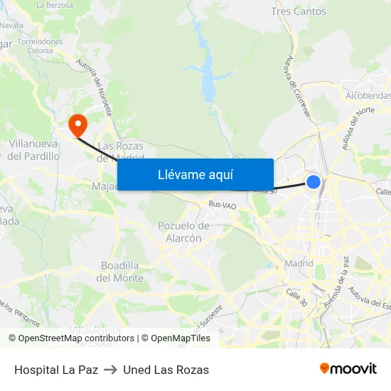 Hospital La Paz to Uned Las Rozas map