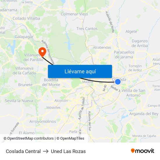 Coslada Central to Uned Las Rozas map
