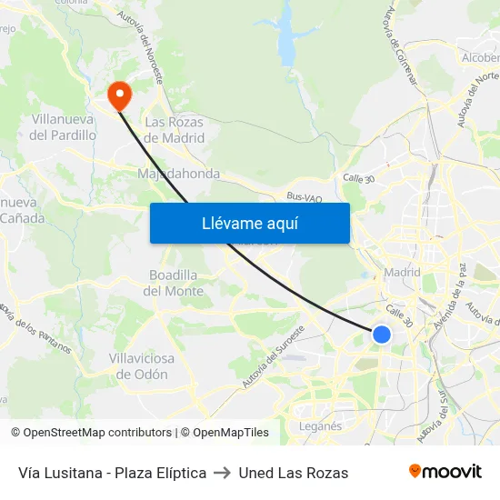 Vía Lusitana - Plaza Elíptica to Uned Las Rozas map