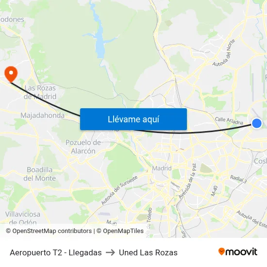 Aeropuerto T2 - Llegadas to Uned Las Rozas map