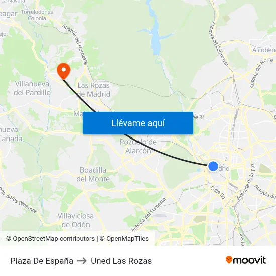 Plaza De España to Uned Las Rozas map