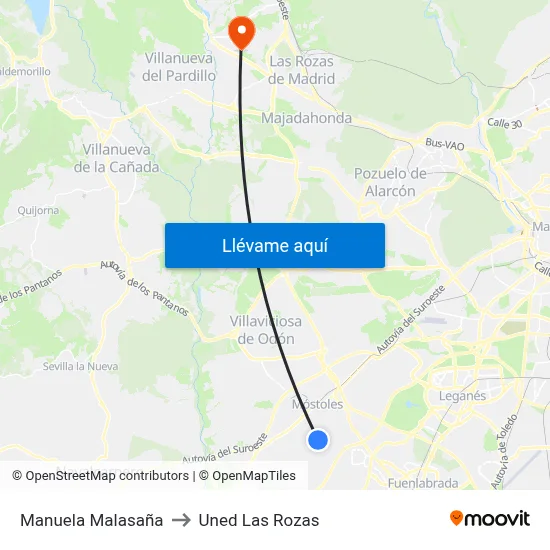 Manuela Malasaña to Uned Las Rozas map