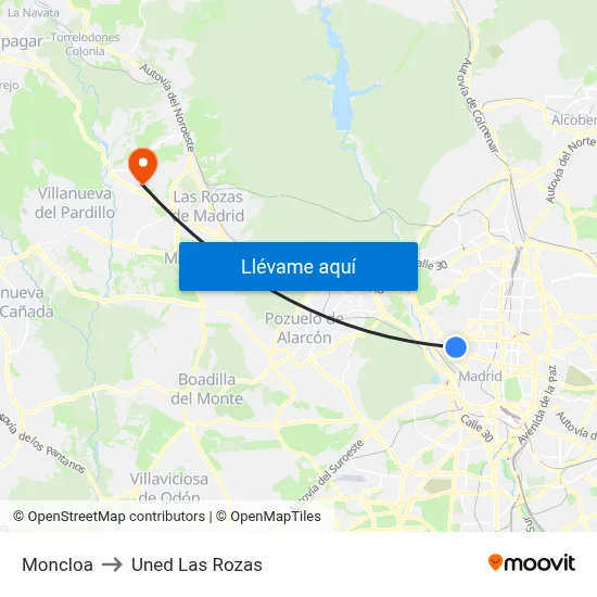 Moncloa to Uned Las Rozas map