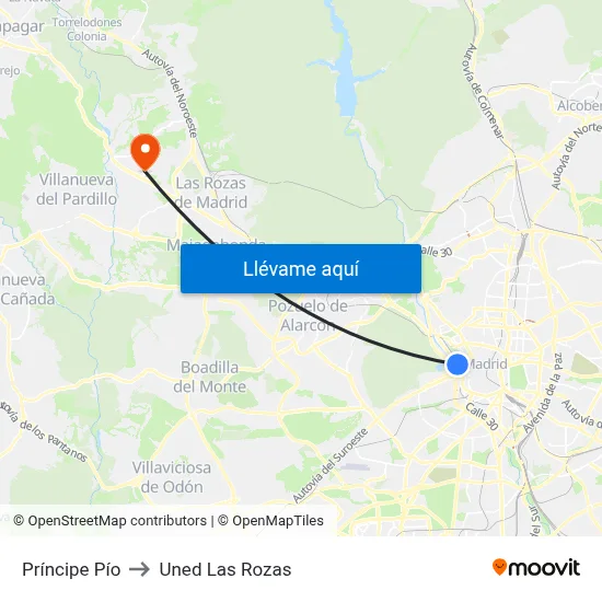 Príncipe Pío to Uned Las Rozas map