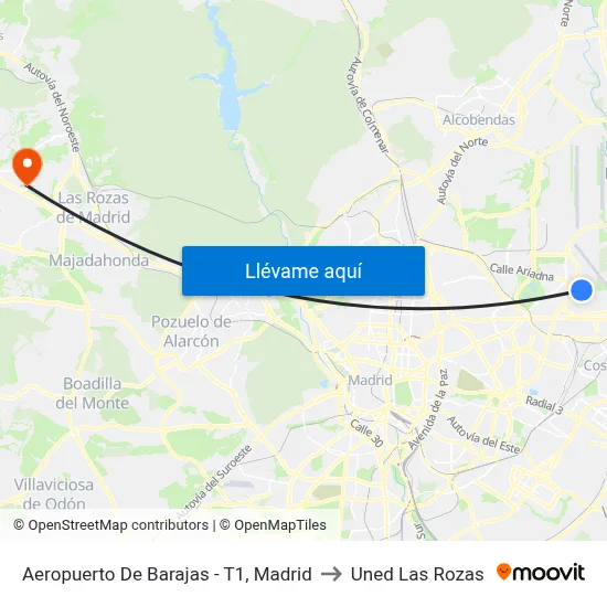 Aeropuerto De Barajas - T1, Madrid to Uned Las Rozas map