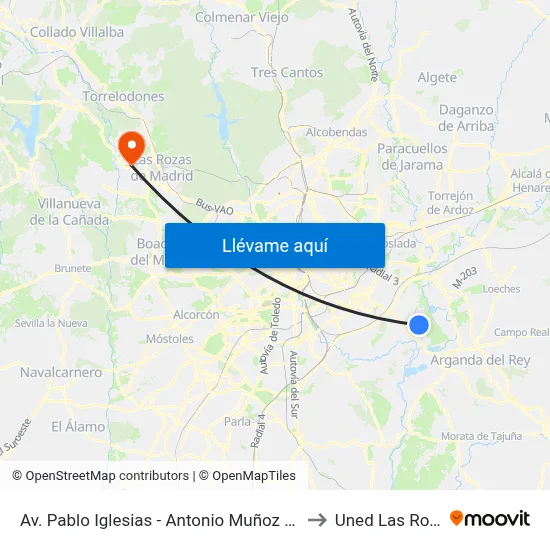 Av. Pablo Iglesias - Antonio Muñoz Molina to Uned Las Rozas map
