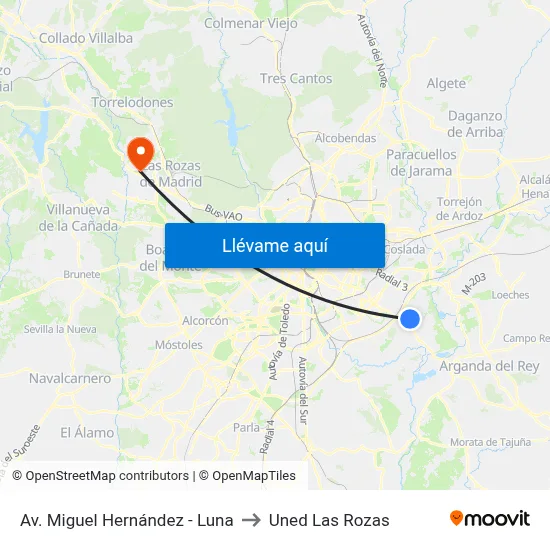 Av. Miguel Hernández - Luna to Uned Las Rozas map