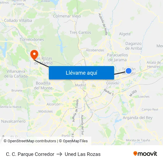 C. C. Parque Corredor to Uned Las Rozas map