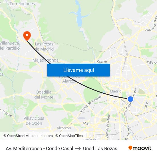 Av. Mediterráneo - Conde Casal to Uned Las Rozas map