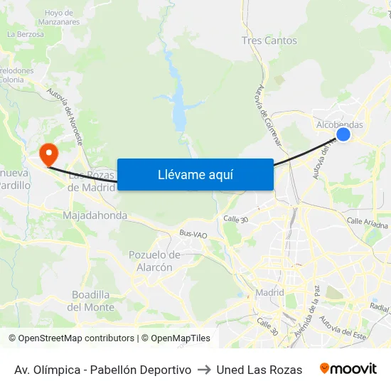 Av. Olímpica - Pabellón Deportivo to Uned Las Rozas map
