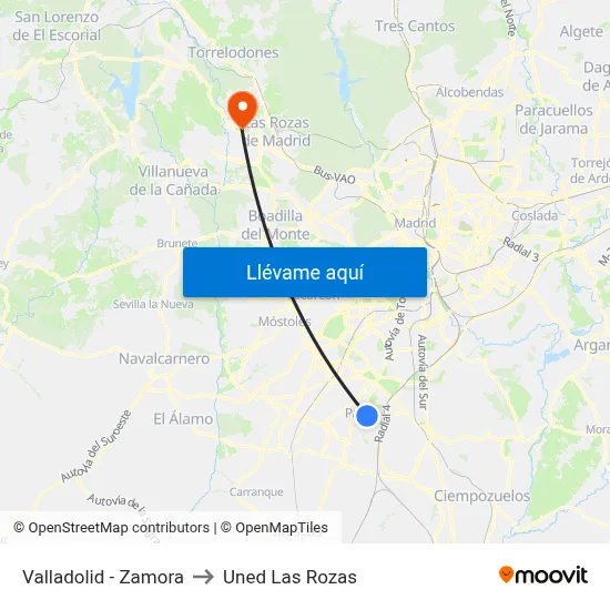 Valladolid - Zamora to Uned Las Rozas map