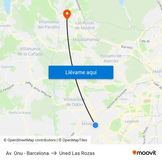 Av. Onu - Barcelona to Uned Las Rozas map