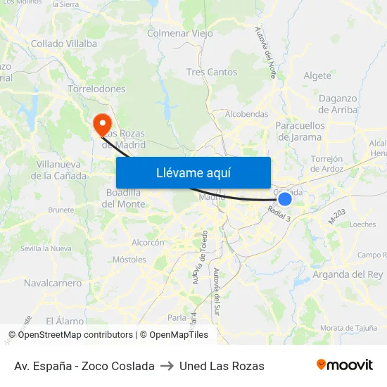 Av. España - Zoco Coslada to Uned Las Rozas map
