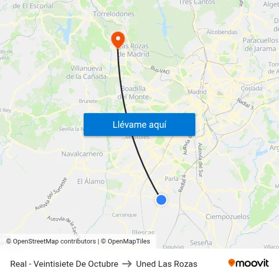 Real - Veintisiete De Octubre to Uned Las Rozas map