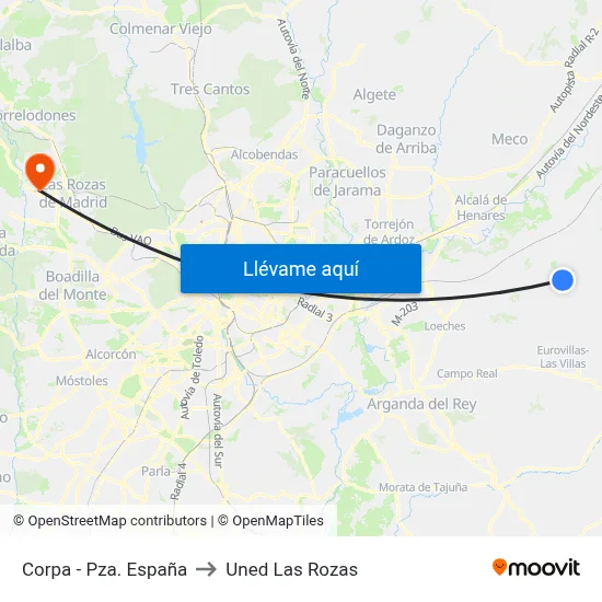 Corpa - Pza. España to Uned Las Rozas map
