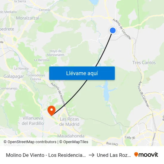 Molino De Viento - Los Residenciales to Uned Las Rozas map