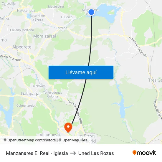 Manzanares El Real - Iglesia to Uned Las Rozas map