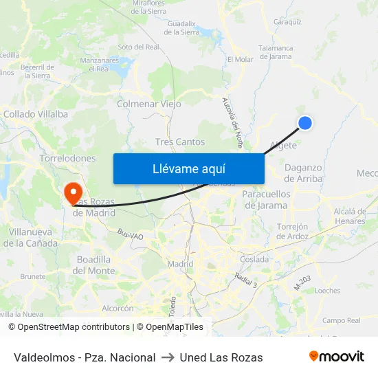 Valdeolmos - Pza. Nacional to Uned Las Rozas map