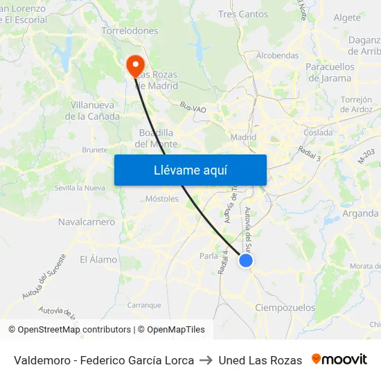 Valdemoro - Federico García Lorca to Uned Las Rozas map