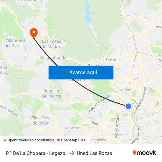 P.º De La Chopera - Legazpi to Uned Las Rozas map