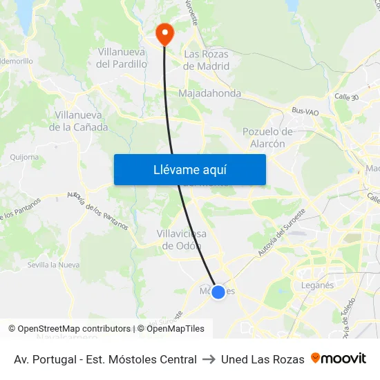 Av. Portugal - Est. Móstoles Central to Uned Las Rozas map