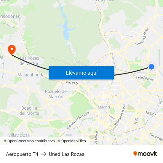 Aeropuerto T4 to Uned Las Rozas map