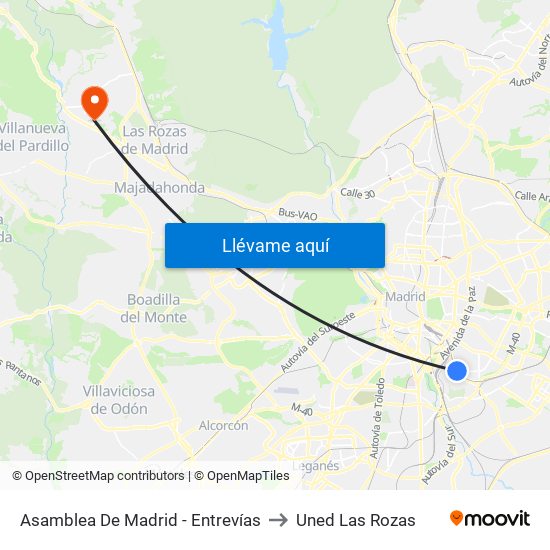 Asamblea De Madrid - Entrevías to Uned Las Rozas map