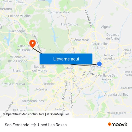 San Fernando to Uned Las Rozas map