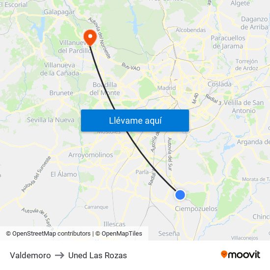 Valdemoro to Uned Las Rozas map
