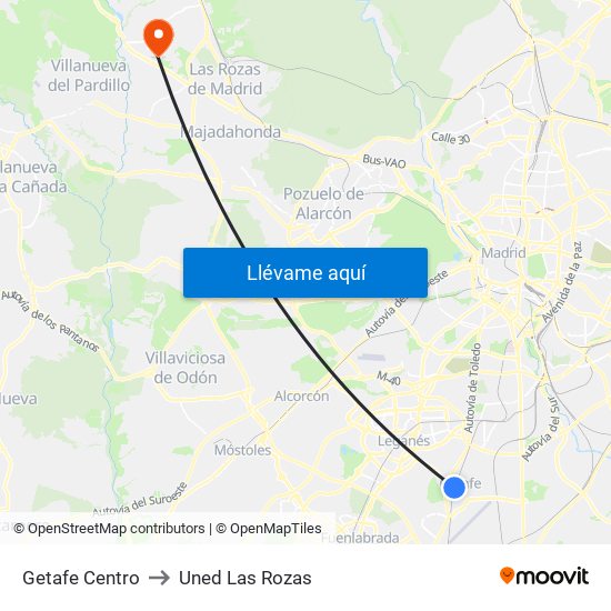 Getafe Centro to Uned Las Rozas map