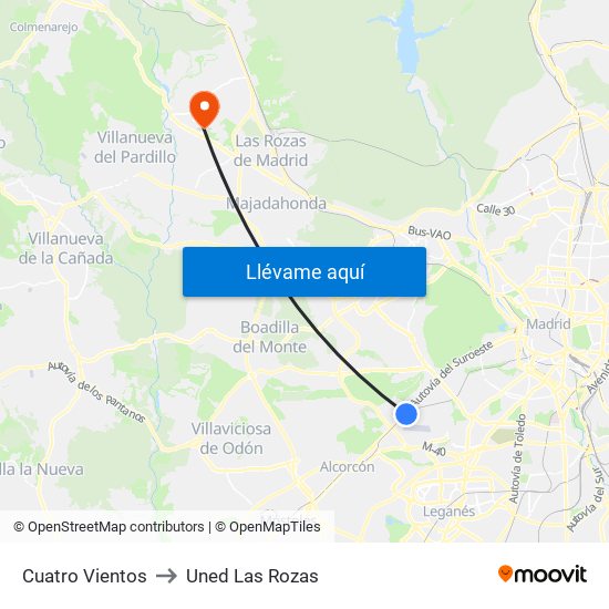 Cuatro Vientos to Uned Las Rozas map