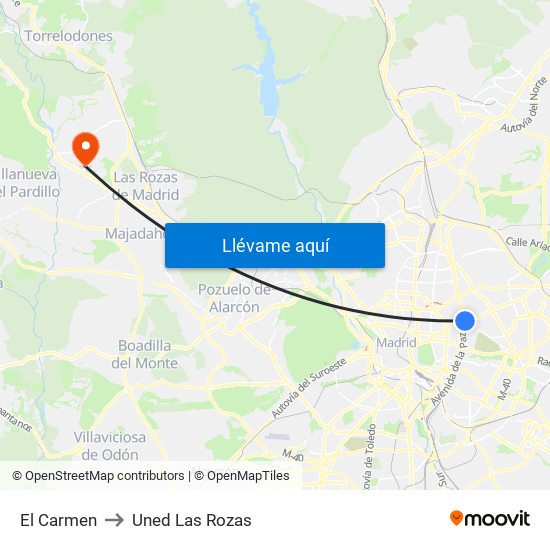 El Carmen to Uned Las Rozas map